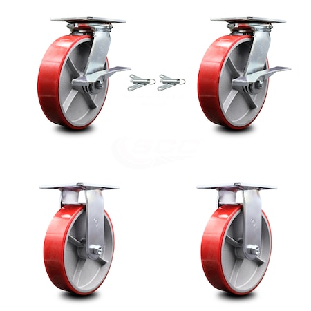 Service Caster 8 Inch Red Poly on Cast Iron Caster Brakes/Swivel Locks and 2 Rigid SCC, 2PK SCC-35S820-PUB-RS-SLB-BSL-2-R-2